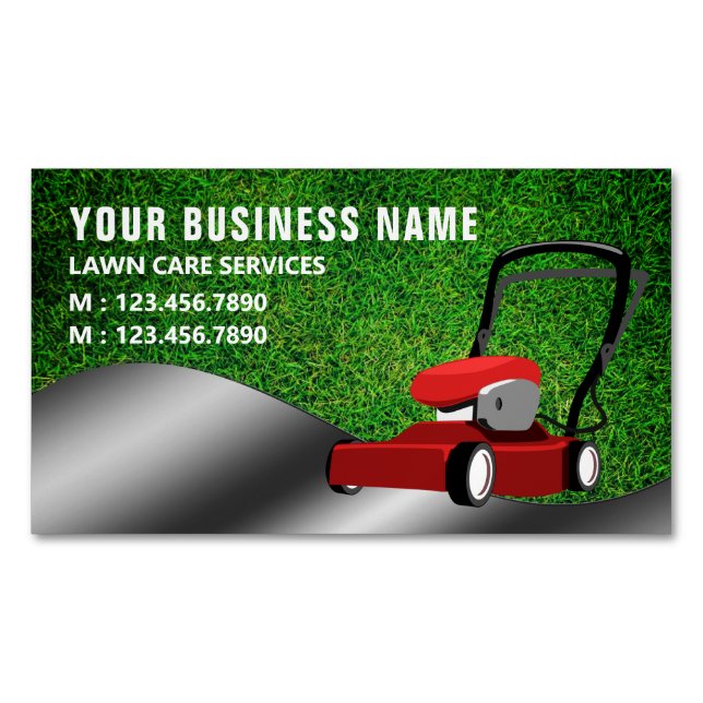 Red Lawn Mower Gardening Service Grass Cutting Magnetic Business Card (Front)
