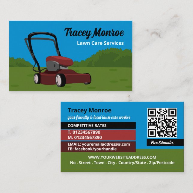 Red Lawn-Mower Scene, Lawn Care Services Business Card (Front/Back)
