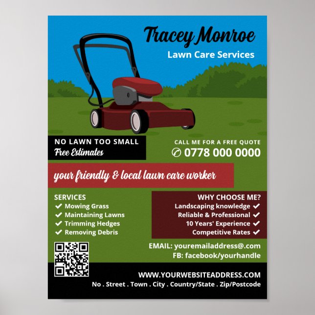 Red Lawn-Mower Scene, Lawn Care Services Poster (Front)