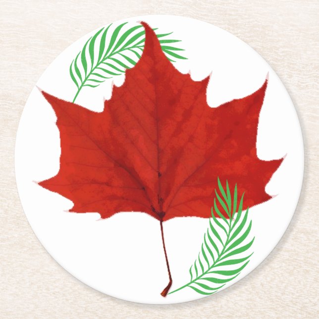 Red leaf and Ferns Round Paper Coaster (Front)