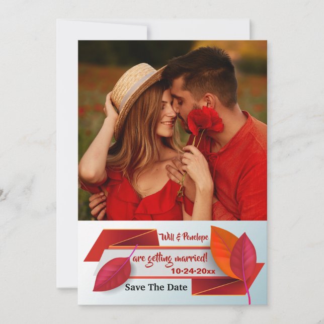 Red Leaf Banner Photo Save the Date Announcement (Front)