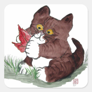 Red Leaf I Gotcha, says Kitten. Sumi-e Square Sticker