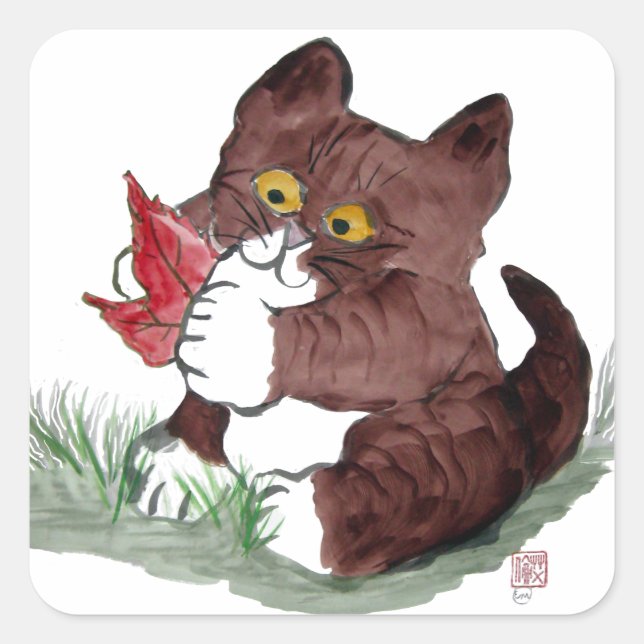 Red Leaf I Gotcha, says Kitten.    Sumi-e Square Sticker (Front)