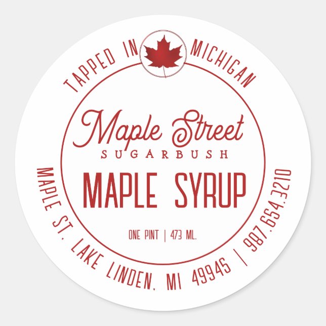 Red Leaf Logo and State Name Maple Syrup Label     (Front)