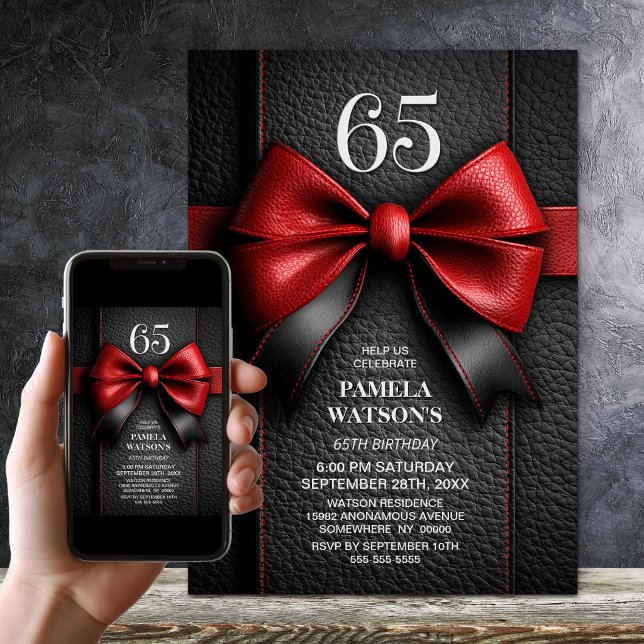 Red Leather Bow 65th Birthday Party Invitation (Creator Uploaded)