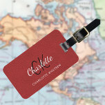 Red leather texture monogram luggage tag<br><div class="desc">Red faux leather print as background. Personalise and add your monogram letters,  first name and full name on the front. Your contact information on the back.</div>
