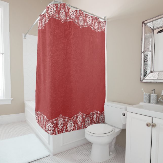 Red Leather Texture White Lace Border Shower Curtain (In Situ)