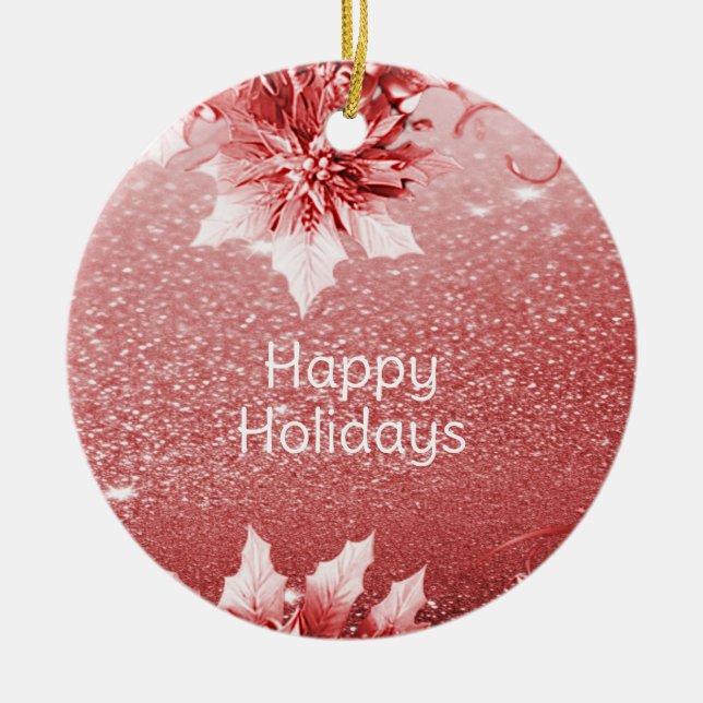 Red Leaves Christmas Holiday Ceramic Ornament (Front)