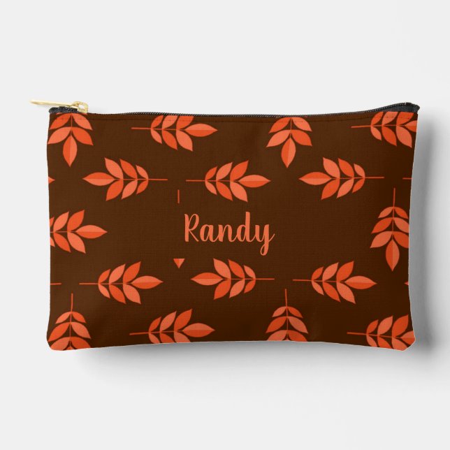 Red leaves custom name brown accessory pouch (Front)