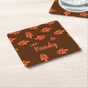 Red leaves custom name brown square paper coaster