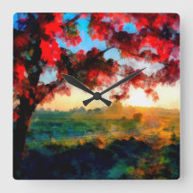 Red leaves glowing in sunset | Landscape Painting