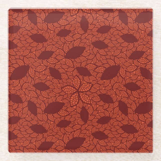 Red leaves pattern on orange glass coaster (Front)