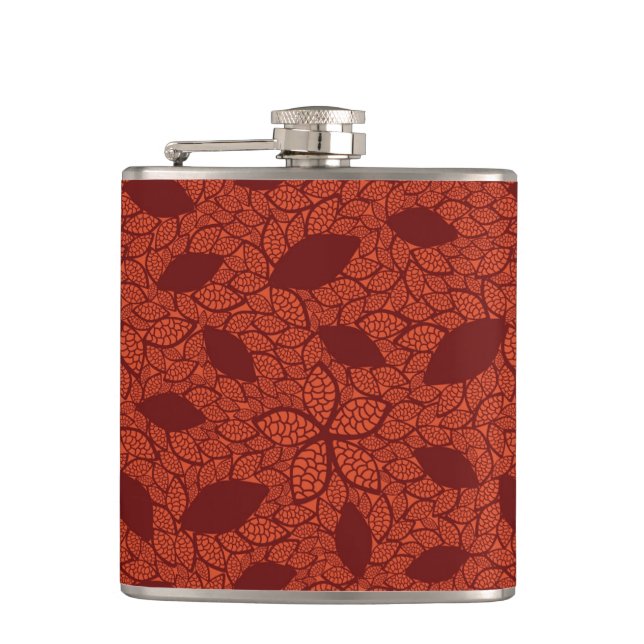 Red leaves pattern on orange hip flask (Front)