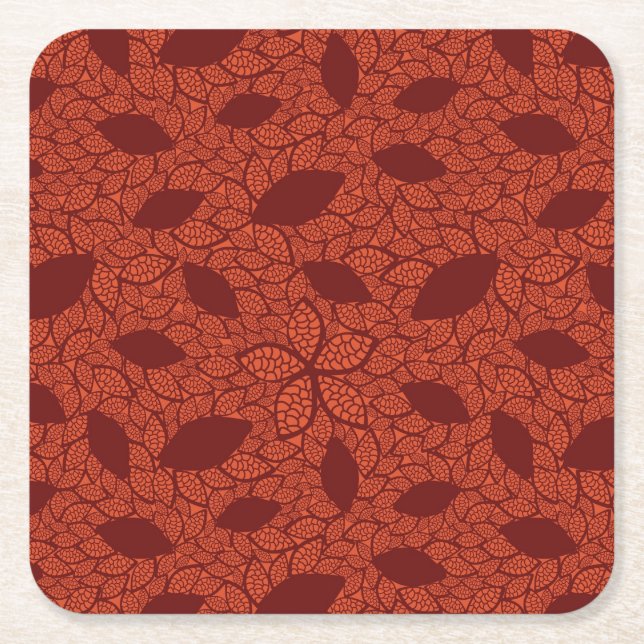 Red leaves pattern on orange square paper coaster (Front)