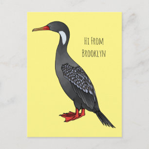 Red-legged cormorant bird cartoon illustration postcard