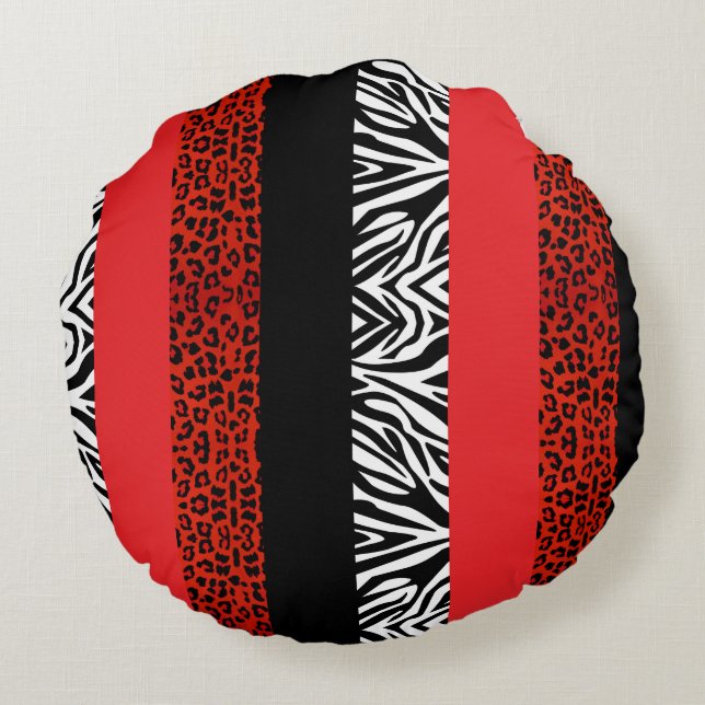 Red Leopard and Zebra Custom Animal Print Round Cushion (Back)
