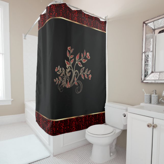 Red Leopard Animal Pattern and Floral Design Shower Curtain (In Situ)