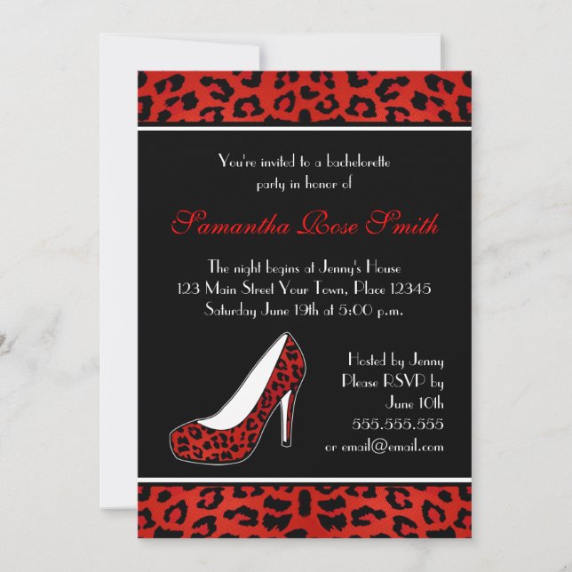 Red Leopard Animal Print Heel Bachelorette Party Invitation (Front)
