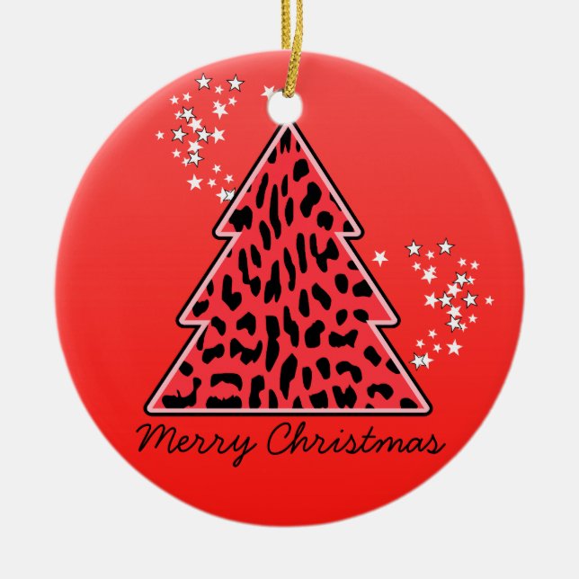 Red Leopard Cheetah Christmas Tree Ceramic Tree Decoration (Front)
