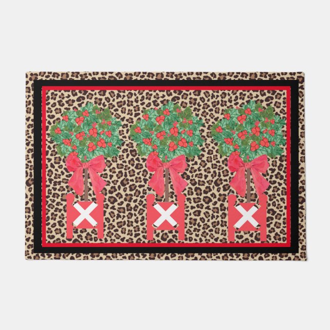 Red Leopard  Holly Berry Chinoiserie  Doormat (Front)