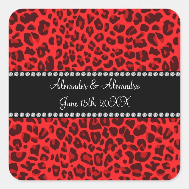 Red leopard pattern wedding favours square sticker (Front)