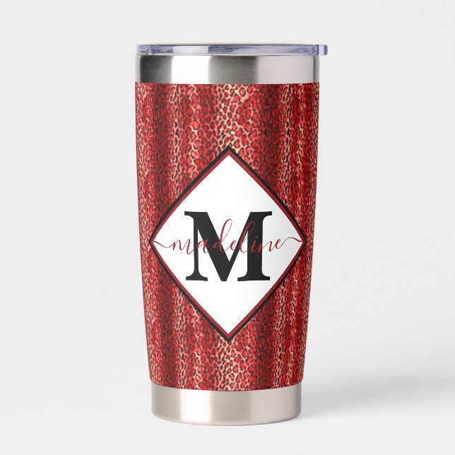 Red leopard print personalised insulated tumbler (Left)
