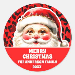 Red Leopard Print Retro Santa Claus Christmas Classic Round Sticker