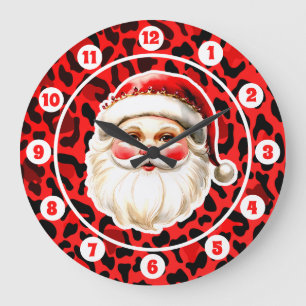 Red Leopard Print Retro Santa Claus Christmas Large Clock