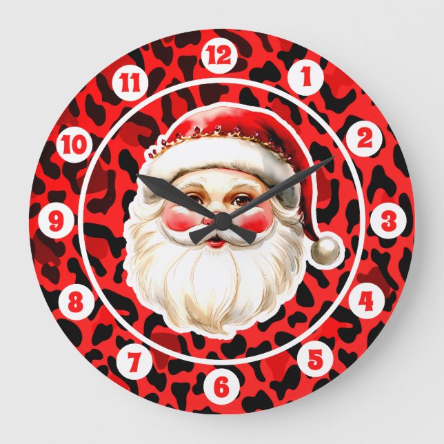 Red Leopard Print Retro Santa Claus Christmas Large Clock (Front)
