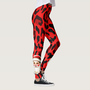 Red Leopard Print Retro Santa Claus Christmas Leggings