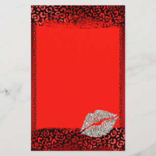 Red Leopard Print Silver Kiss Stationery