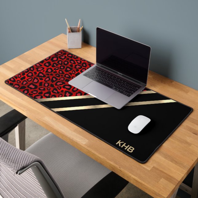 Red Leopard with Gold & Black - Monogram Desk Mat (Office 2)