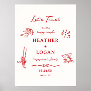 Red Let's Toast Engagement Party Welcome Poster