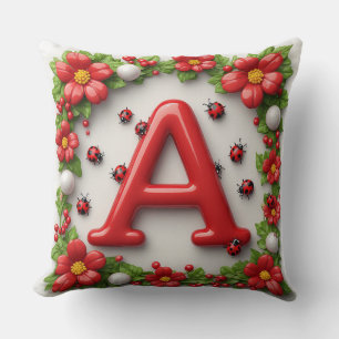 🐞 Red Letter A with Ladybugs Poppies Cushion