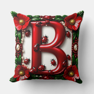 🐞 Red Letter B Ladybugs Poppies Pearls  Cushion