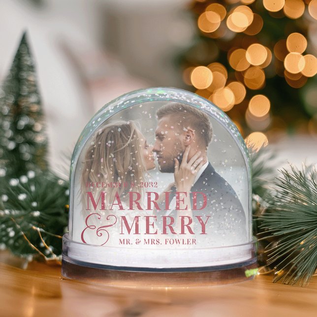 Red Lettering Married & Merry Wedding Photo Snowglobe (Creator Uploaded)