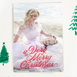 Red Lettering Overlay Very Merry Christmas Photo  Holiday Card