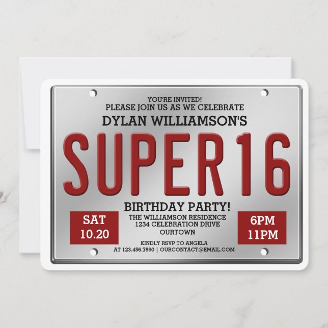 Red License Plate Super 16 Party Invitations (Front)
