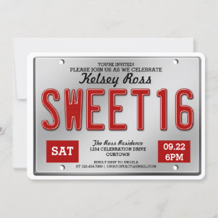 Red License Plate Sweet 16 Party Invitations
