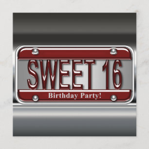 Red License Plate Sweet Sixteen Party Invitation