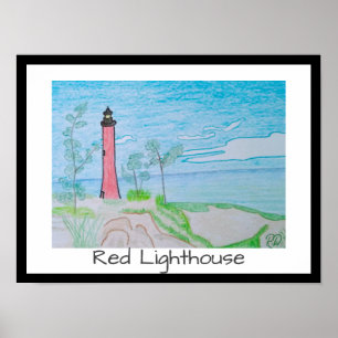 Red Light House at the Beach Poster