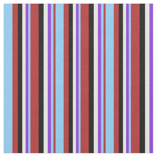 Red, Light Sky Blue, Purple, White & Black Lines Fabric (Close Up)