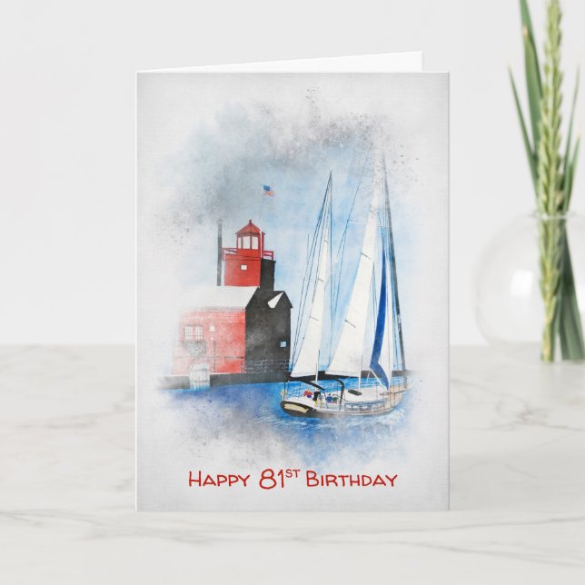 Red Lighthouse and Sailboat 81st Birthday Card (Front)