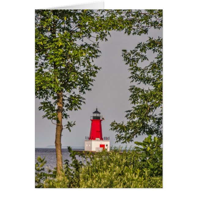 Red Lighthouse at End of Pier on Lake Michigan (Front)