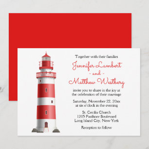 Red Lighthouse Beach Summer Nautical Wedding  Invitation