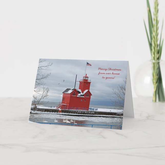 Red Lighthouse Christmas Holiday Card (Front)