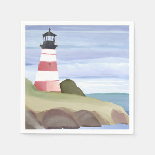 Red Lighthouse   Coastal Ocean Watercolor Painting Napkin