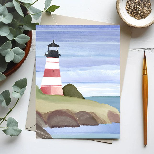 Red Lighthouse | Coastal Ocean Watercolor Painting Postcard (Creator Uploaded)