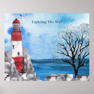Red Lighthouse Watercolor Scene Poster