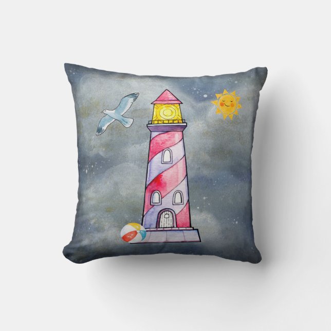 Red Lighthouse with a Stormy Background Cushion (Front)